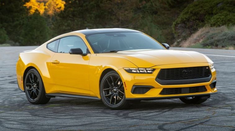 2024 Ford Mustang EcoBoost in yellow on Angeles Crest Hwy.